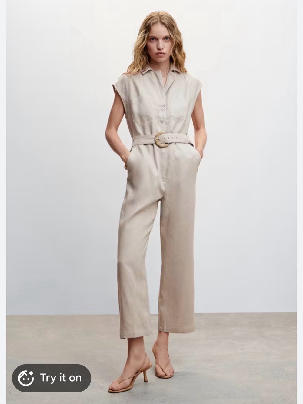 MNG Sleeveless Neutral Beige Belted Wide-Leg Jumpsuit